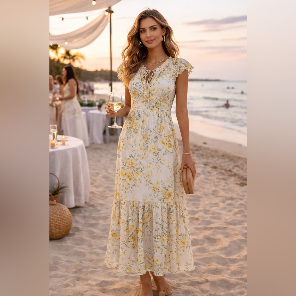 Generation Love Yellow & White Floral Ruffle Tiered Maxi Dress XS NWOT